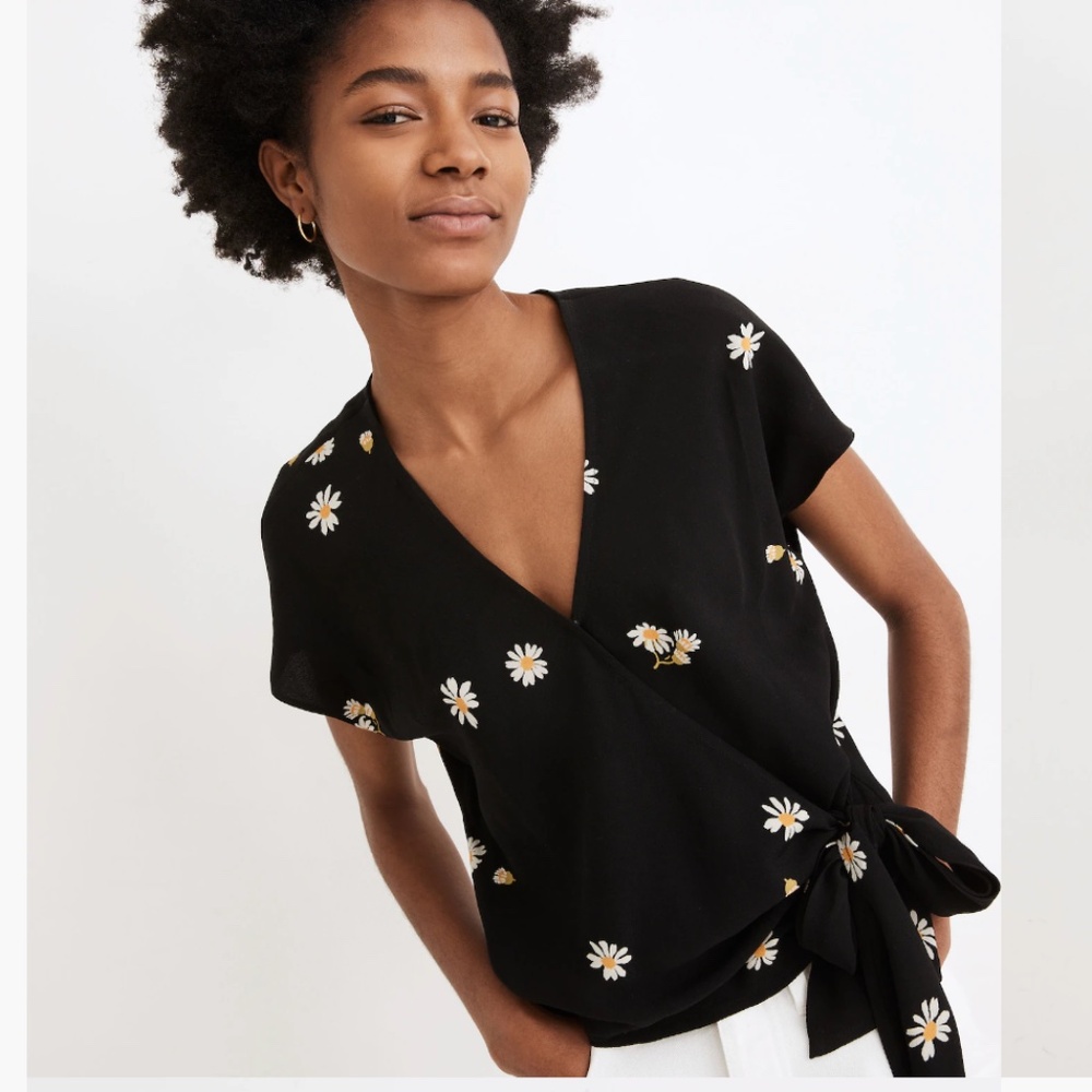 Madewell Sash-Tie Wrap Top, Black, XS